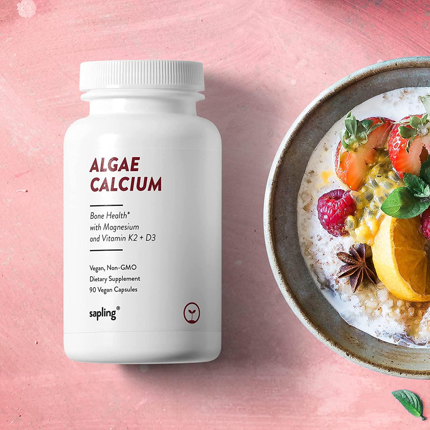 Calcium Supplement - Whole Food with Vitamin K2 and D3, Magnesium, Zinc, Boron, Mineral Complex. Sourced Sustainably from Red Algae. for Bone Strength and Support. Non-GMO and Vegan 90 Capsules.