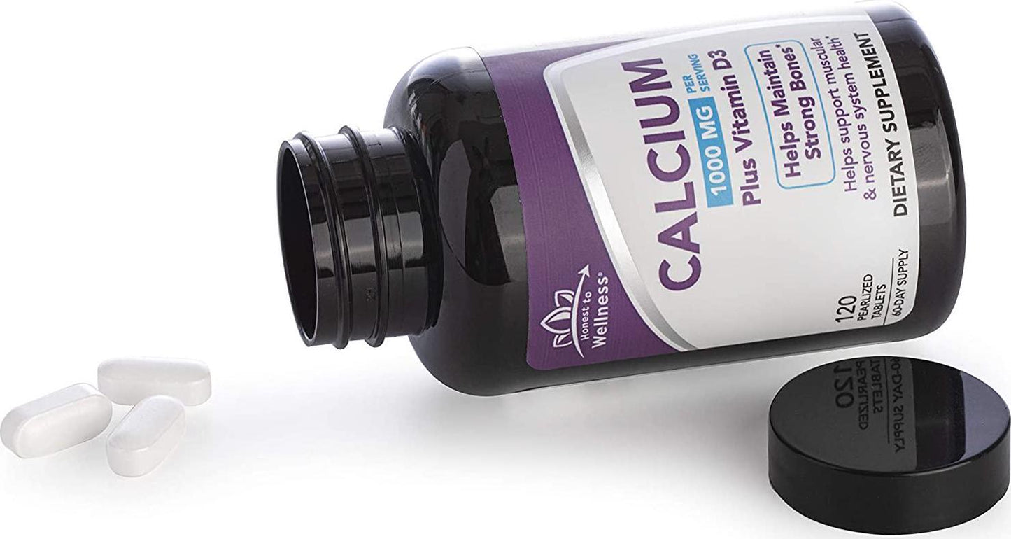 Calcium Supplement with Vitamin D3 - Bone Strength Support by Honest To Wellness for Muscular and Nervous System Health – 1000MG – 120 Count