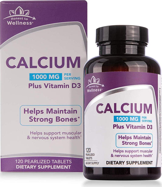 Calcium Supplement with Vitamin D3 - Bone Strength Support by Honest To Wellness for Muscular and Nervous System Health – 1000MG – 120 Count