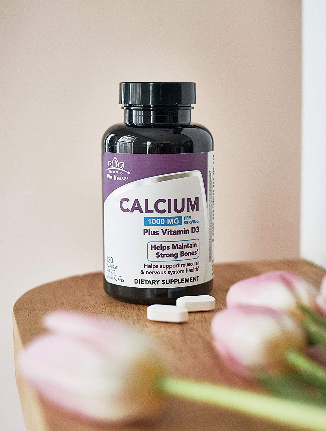 Calcium Supplement with Vitamin D3 - Bone Strength Support by Honest To Wellness for Muscular and Nervous System Health – 1000MG – 120 Count