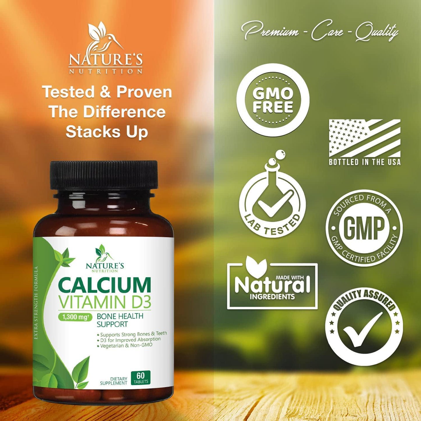 Calcium Supplement with Vitamin D3 Extra Strength 1300mg - Calcium Carbonate to Support Osteoporosis, Bones and Strong Teeth, Highly Absorbable Pills for Men and Women, Made in USA - 60 Tablets