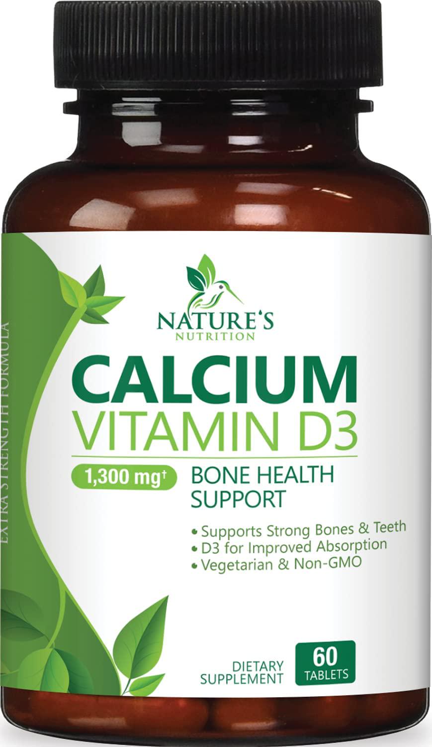 Calcium Supplement with Vitamin D3 Extra Strength 1300mg - Calcium Carbonate to Support Osteoporosis, Bones and Strong Teeth, Highly Absorbable Pills for Men and Women, Made in USA - 60 Tablets