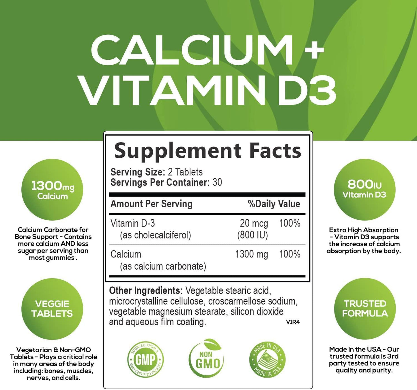 Calcium Supplement with Vitamin D3 Extra Strength 1300mg - Calcium Carbonate to Support Osteoporosis, Bones and Strong Teeth, Highly Absorbable Pills for Men and Women, Made in USA - 60 Tablets