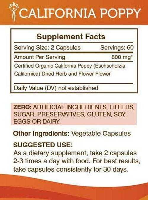 California Poppy 120 Capsules, 800 mg, Organic California Poppy (Eschscholzia Californica) Dried Herb and Flower (120 Capsules)