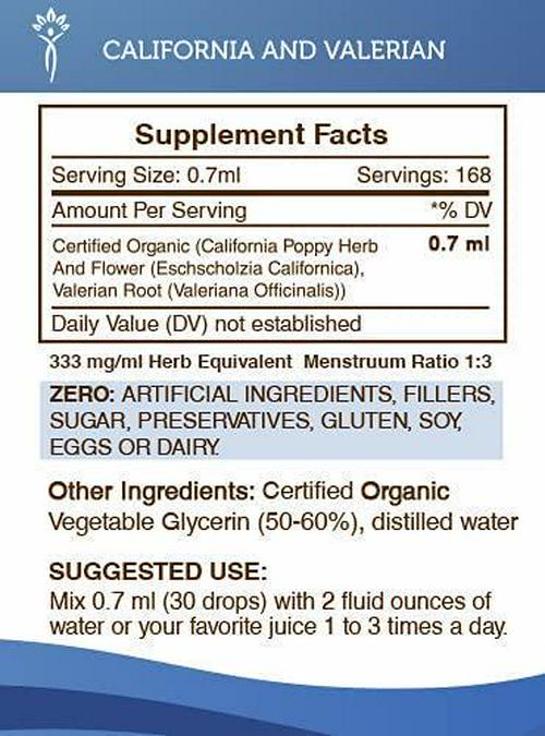 California and Valerian Tincture Alcohol-Free Extract, Organic California Poppy Eschscholzia Californica, Valerian Valeriana Officinalis Relaxation 4 OZ
