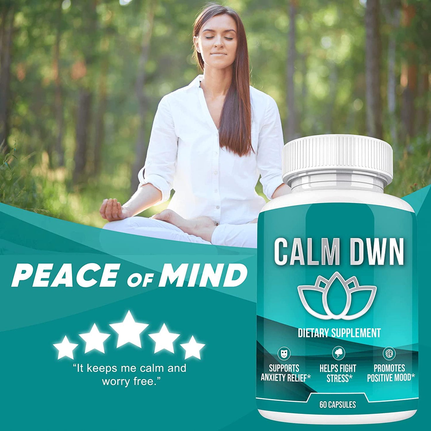 CalmDwn Supplement | Natural Stress and Anti Anxiety Support | Positive Mood Boost Calming Mind and Nervous System | Non GMO w/Lemon Balm, L-Theanine, 5-HTP, Passionflower, Skullcap, Vitamin B6 (60 ct)