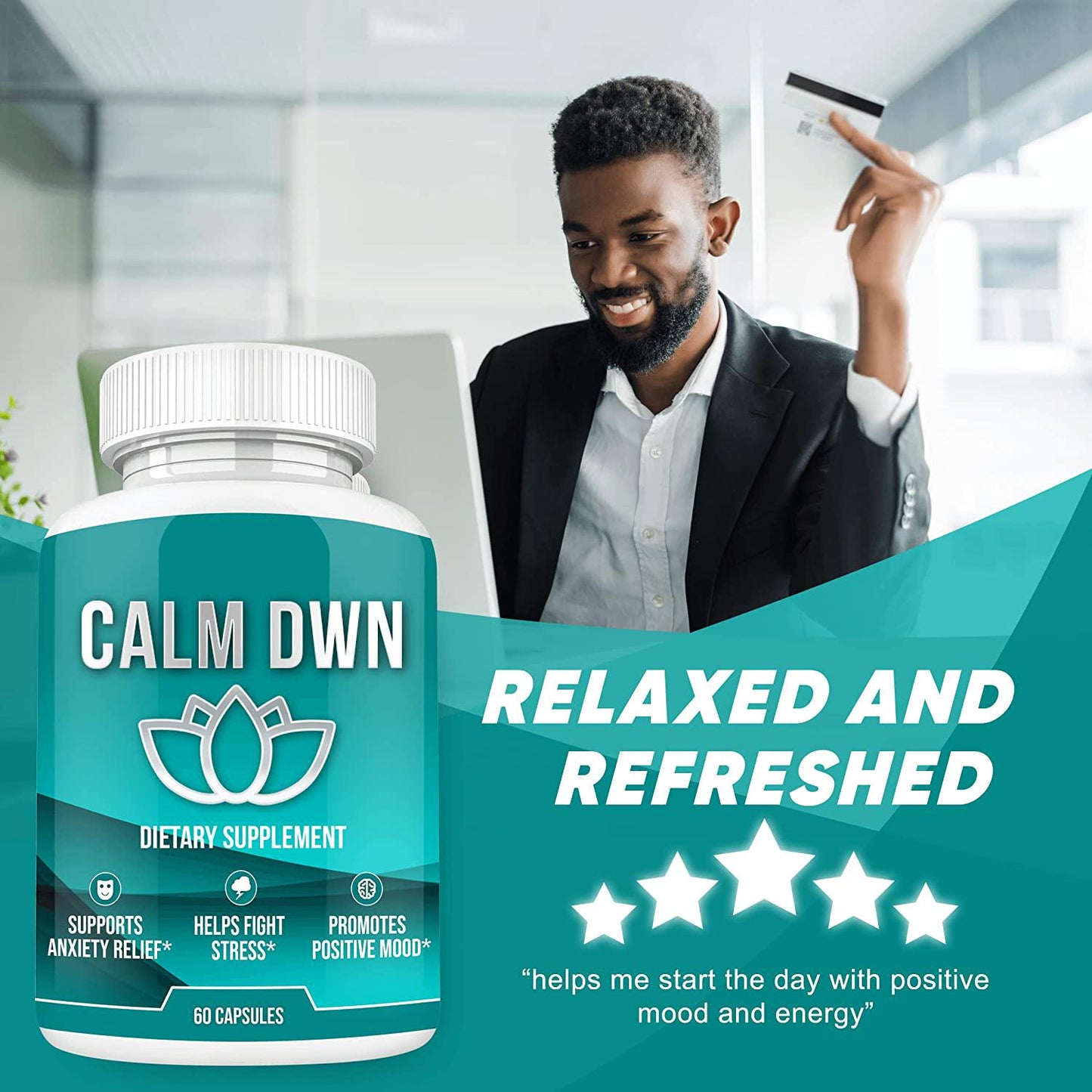 CalmDwn Supplement | Natural Stress and Anti Anxiety Support | Positive Mood Boost Calming Mind and Nervous System | Non GMO w/Lemon Balm, L-Theanine, 5-HTP, Passionflower, Skullcap, Vitamin B6 (60 ct)