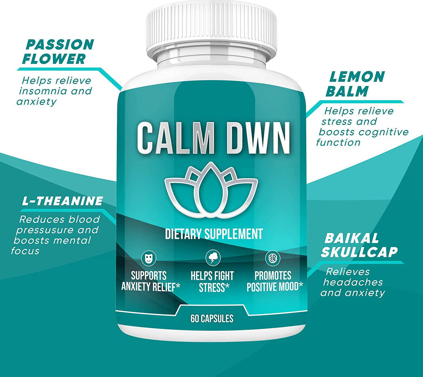 CalmDwn Supplement | Natural Stress and Anti Anxiety Support | Positive Mood Boost Calming Mind and Nervous System | Non GMO w/Lemon Balm, L-Theanine, 5-HTP, Passionflower, Skullcap, Vitamin B6 (60 ct)
