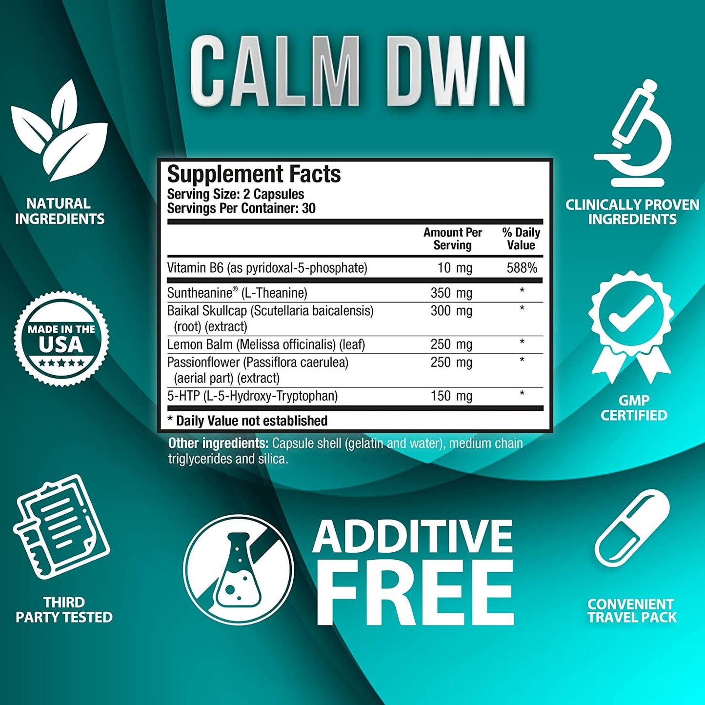 CalmDwn Supplement | Natural Stress and Anti Anxiety Support | Positive Mood Boost Calming Mind and Nervous System | Non GMO w/Lemon Balm, L-Theanine, 5-HTP, Passionflower, Skullcap, Vitamin B6 (60 ct)