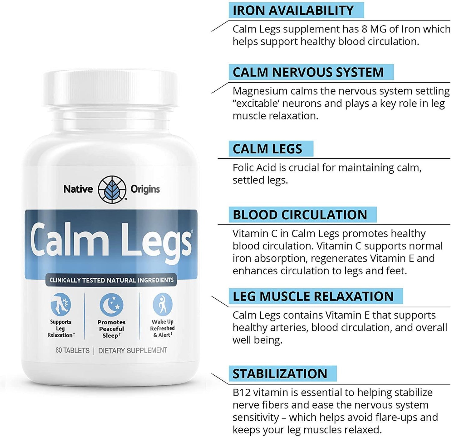Calm Legs Natural for Natural Itching, Crawling, Tingling and Agitated Leg with Iron, Magnesium, and Valerian Root (60 Tablets)…