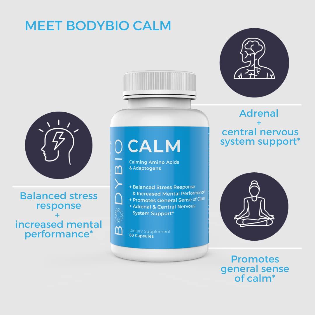 Calm - Stress Relief Supplement 60 Capsules | Mood Booster | Rhodiola + Taurine |Central Nervous System Support | Calming Amino Acids and Adaptogens |Stress Relief and Everyday Calm by BodyBio