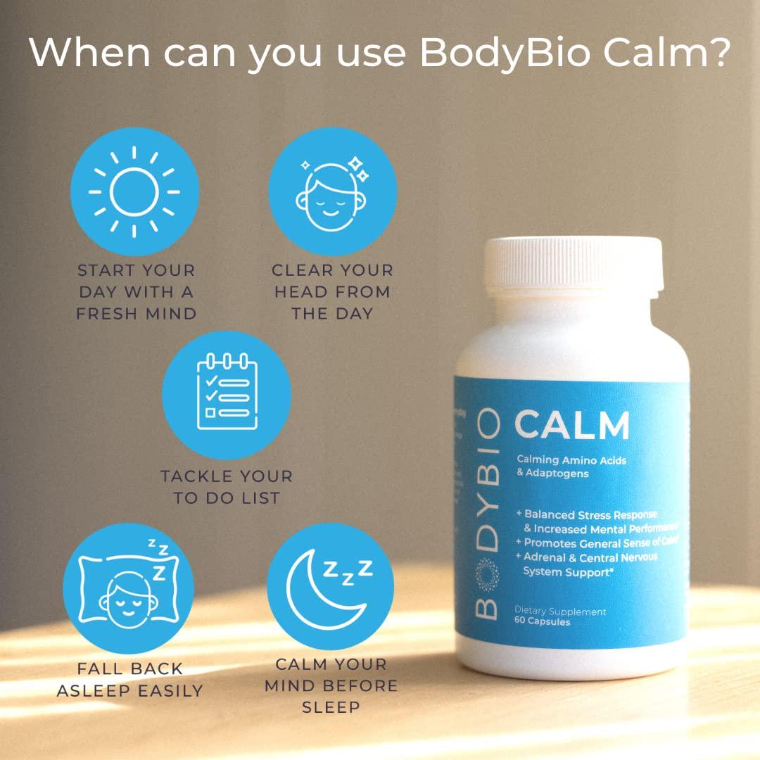 Calm - Stress Relief Supplement 60 Capsules | Mood Booster | Rhodiola + Taurine |Central Nervous System Support | Calming Amino Acids and Adaptogens |Stress Relief and Everyday Calm by BodyBio