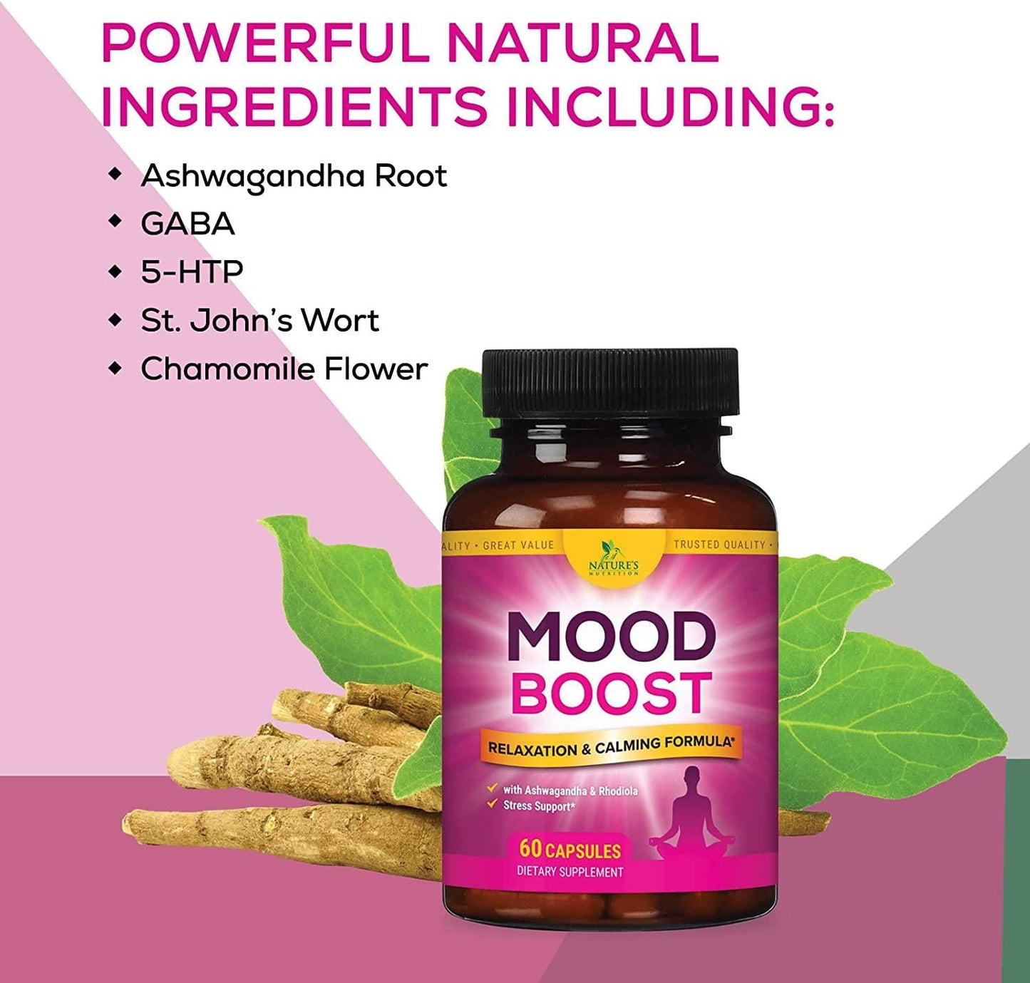 Calm Support Supplement - 1000mg Herbal Formula with 28 Powerful Ingredients Including Ashwagandha, L-Theanine, and GABA - for Natural Calm, Mood Support, Stress Support, and Relaxation - 60 Capsules