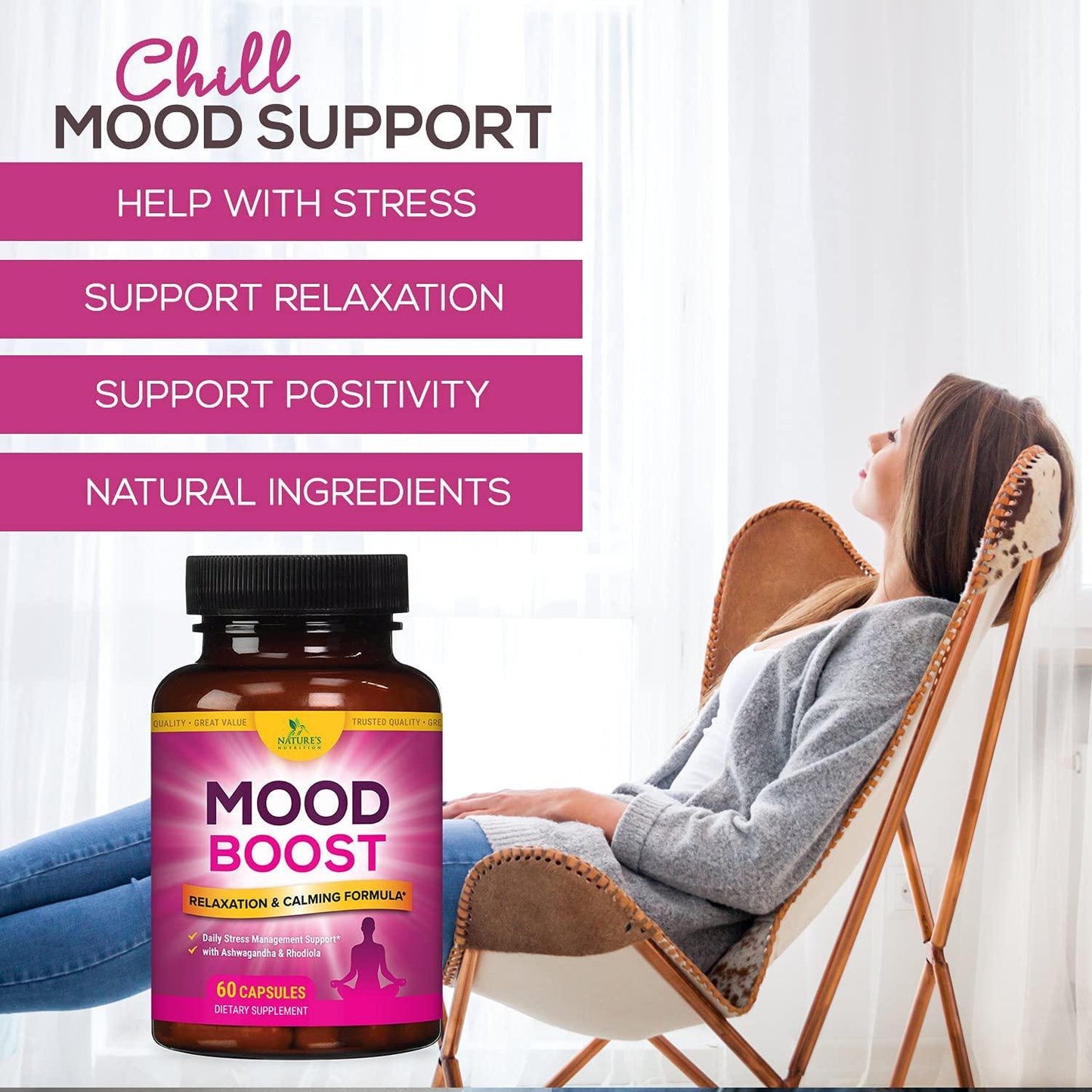Calm Support Supplement - 1000mg Herbal Formula with 28 Powerful Ingredients Including Ashwagandha, L-Theanine, and GABA - for Natural Calm, Mood Support, Stress Support, and Relaxation - 60 Capsules