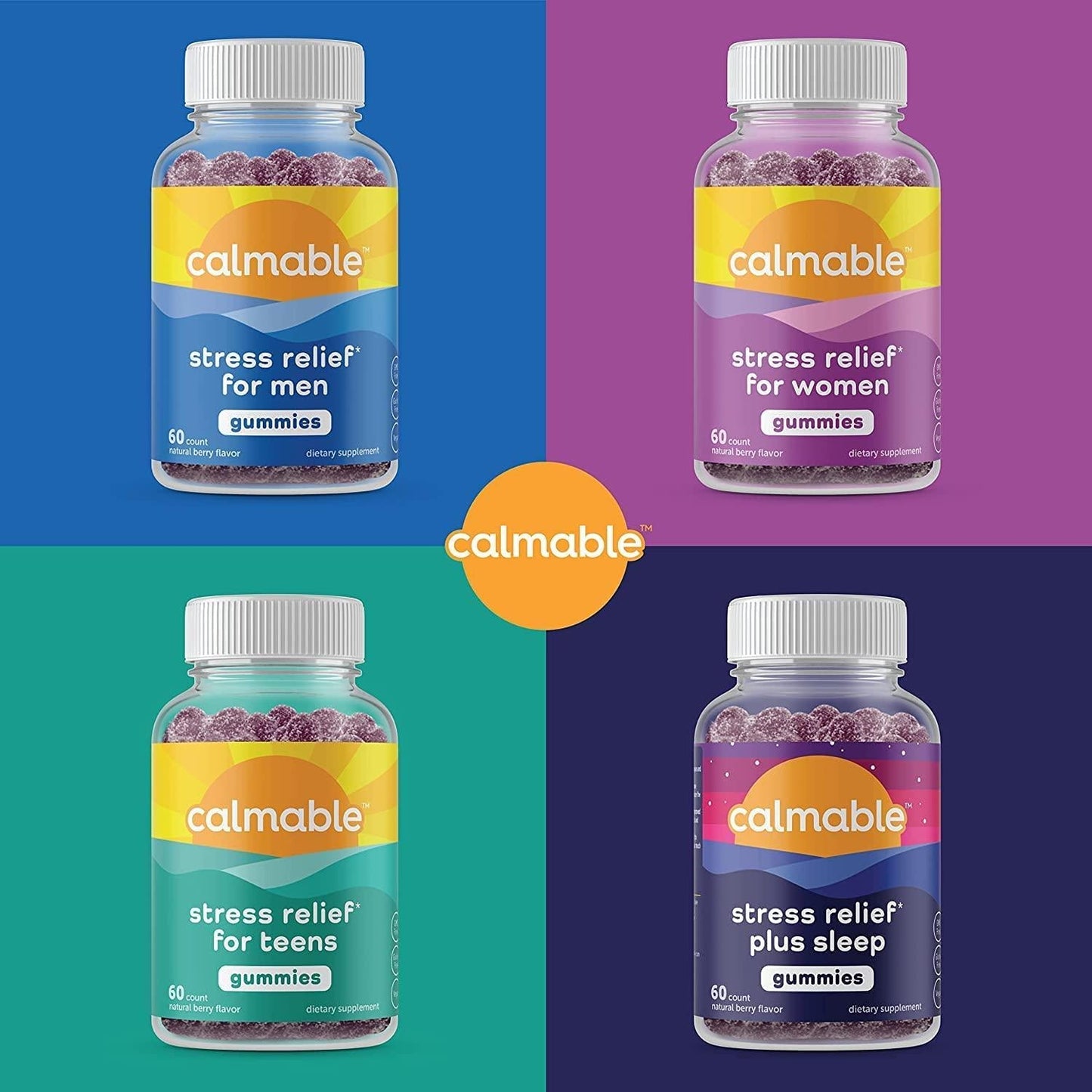 Calmable Stress Relief for Teens - Feel Happy, Calm, Focused and Relaxed and The Most Vibrant You - with Zinc, Ashwagandha, and Saw Palmetto - Anti Stress Support Vitamin Supplement - 60 Gummies