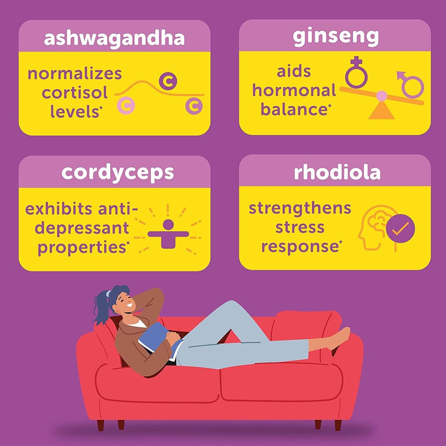 Calmable Stress Relief for Women - Feel Happy, Calm, Focused and Relaxed and the most vibrant you - with Ashwagandha, Ginseng, Cordyceps, Rhodiola - Anti Stress Support Vitamin Supplement - 60 Gummies