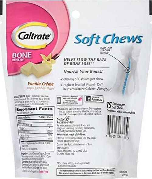 Caltrate 600+D3 Calcium and Vitamin D3 Supplement (Vanilla Creme Flavor, 60-Count Soft Chews)