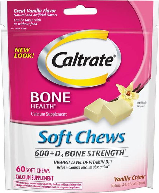 Caltrate 600+D3 Calcium and Vitamin D3 Supplement (Vanilla Creme Flavor, 60-Count Soft Chews)