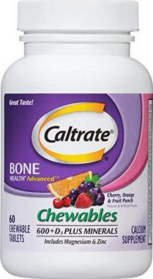 Caltrate Calcium and Vitamin D3 Supplement 600+D3 Plus Minerals Chewable Tablet, 600mg (Cherry, Orange, and Fruit Punch Flavors, 60 Count)