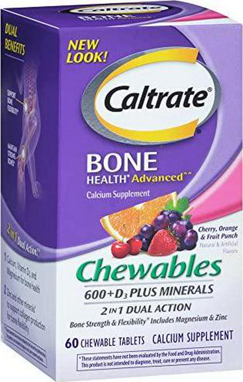 Caltrate Calcium and Vitamin D3 Supplement 600+D3 Plus Minerals Chewable Tablet, 600mg (Cherry, Orange, and Fruit Punch Flavors, 60 Count)