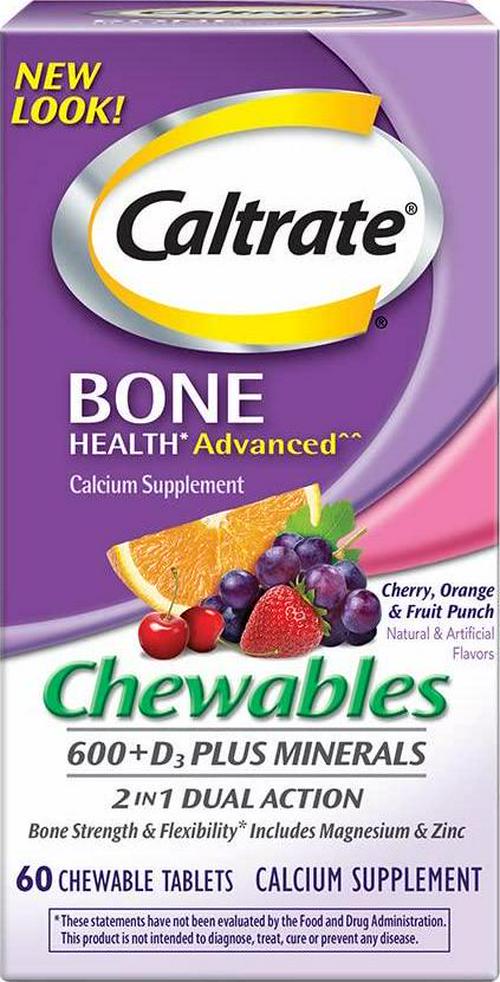 Caltrate Calcium and Vitamin D3 Supplement 600+D3 Plus Minerals Chewable Tablet, 600mg (Cherry, Orange, and Fruit Punch Flavors, 60 Count)