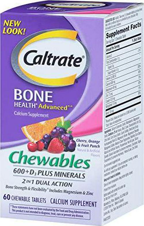 Caltrate Calcium and Vitamin D3 Supplement 600+D3 Plus Minerals Chewable Tablet, 600mg (Cherry, Orange, and Fruit Punch Flavors, 60 Count)