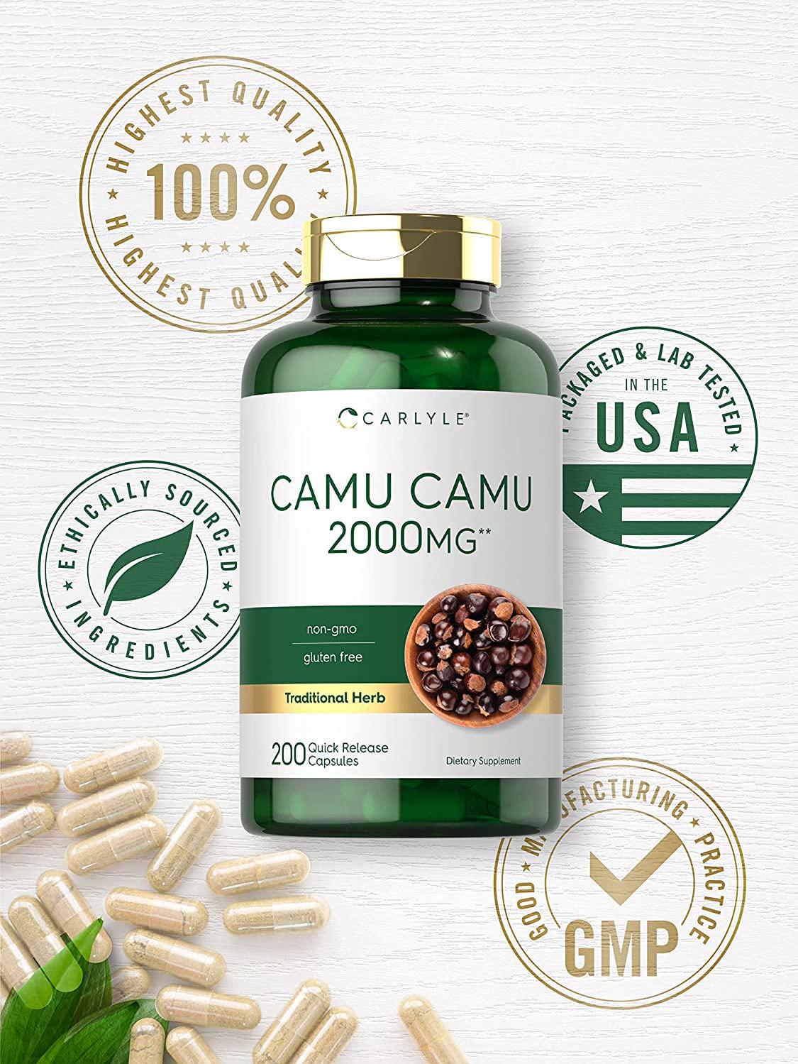 Camu Camu Capsules 2000mg | 200 Count | with Vitamin C | Non-GMO, Gluten Free | by Carlyle
