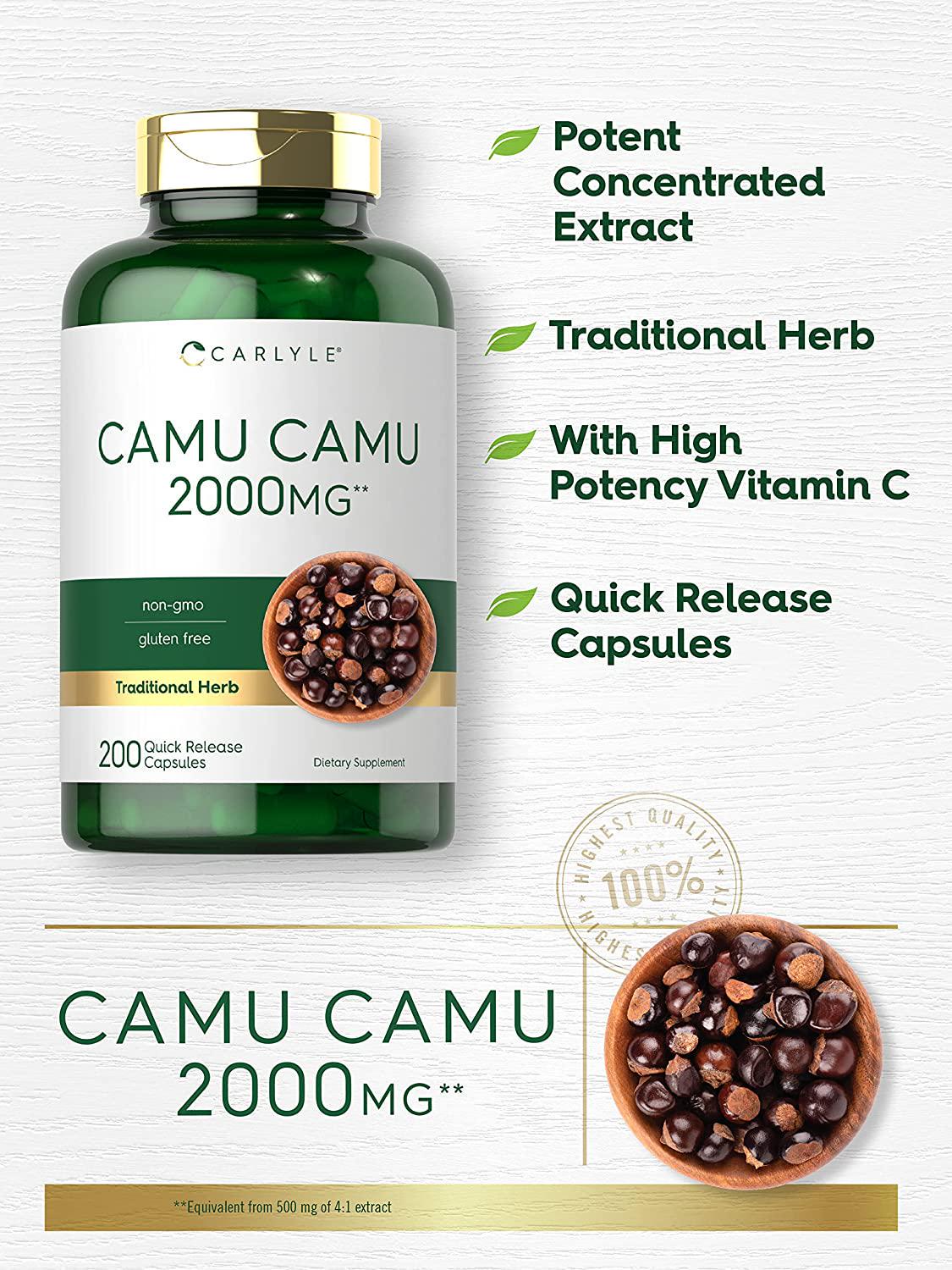 Camu Camu Capsules 2000mg | 200 Count | with Vitamin C | Non-GMO, Gluten Free | by Carlyle