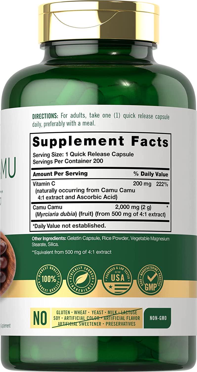 Camu Camu Capsules 2000mg | 200 Count | with Vitamin C | Non-GMO, Gluten Free | by Carlyle