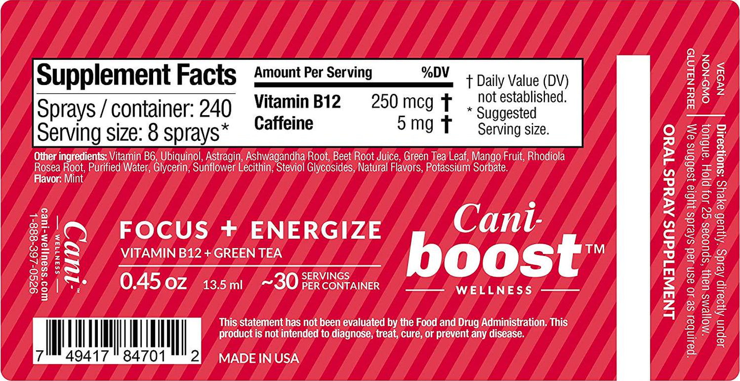 Can-i Boost 30 Servings Fast-Acting Oral Spray, Focus + Energy Supplement, Stay Awake, Brain Boost, Memory, Clarity and Concentration, Vitamin B12, B6 Supplement, Ashwagandha, Caffeine, Vegan Sugar Free