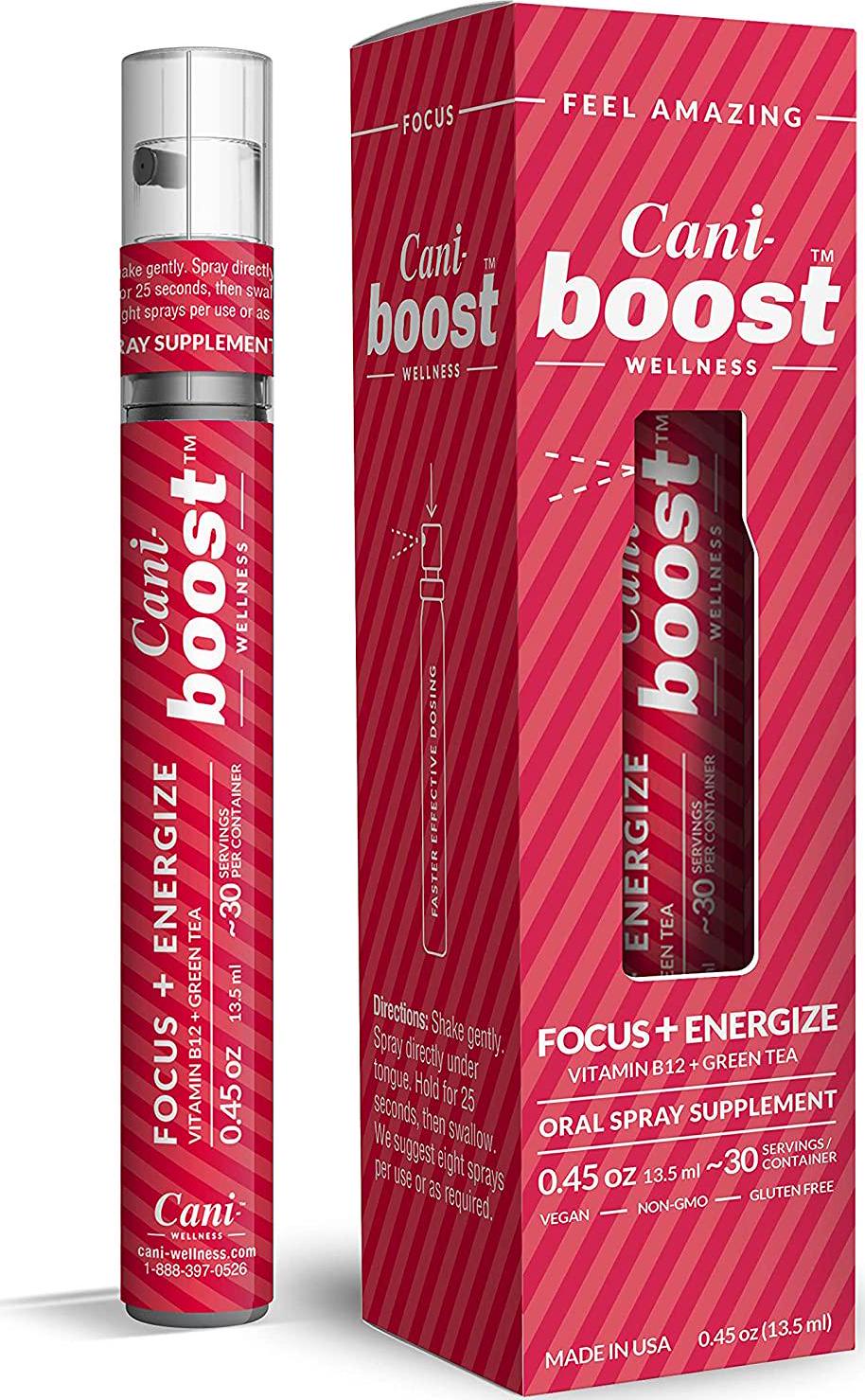 Can-i Boost 30 Servings Fast-Acting Oral Spray, Focus + Energy Supplement, Stay Awake, Brain Boost, Memory, Clarity and Concentration, Vitamin B12, B6 Supplement, Ashwagandha, Caffeine, Vegan Sugar Free