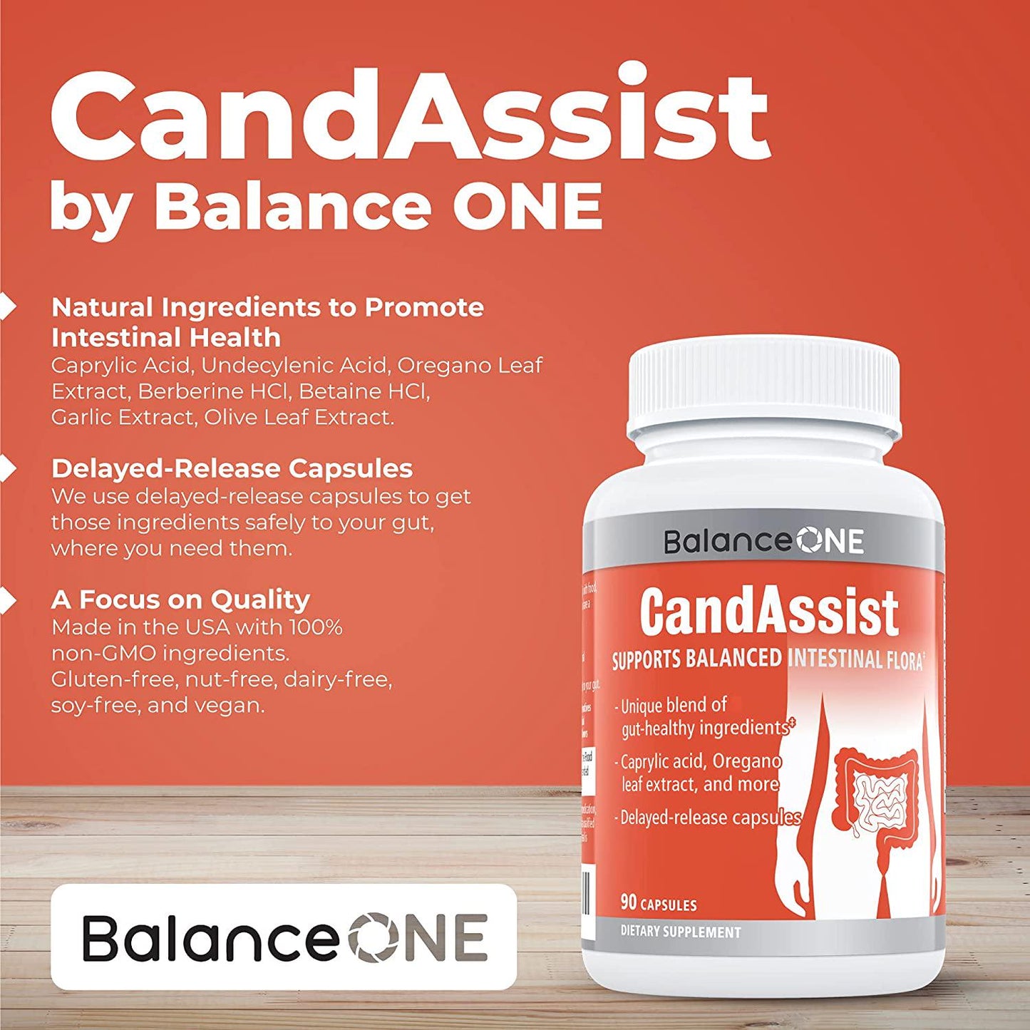 CandAssist by Balance ONE - Natural Cleanse and Detox Support - Caprylic Acid, Oregano, Berberine - for Women and Men - Delayed Release Capsules - Vegan, Non-GMO - 30 Day Supply