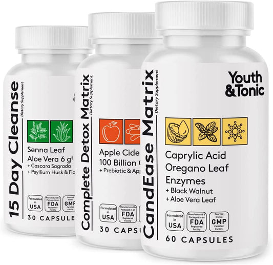 CandEase Matrix Pills and Colon Cleanser and Complete Detox Matrix Fast Kit Bundle 3pk | Caprylic Acid Oregano Protease and Cellulase Enzymes Laxatives ACV Chromium and 100 Bil CFU/g Digestive probiotics