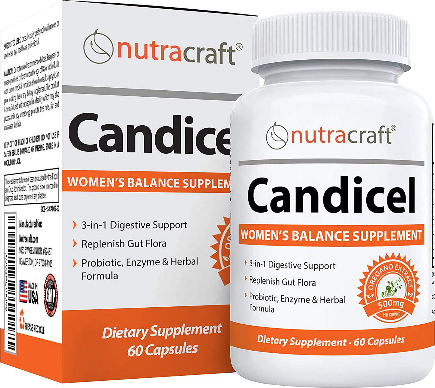 Candicel Intestinal Flora Supplement | Overgrowth Support with Caprylic Acid, Oregano, Wormwood, Black Walnut, Cellulase and Acidophilus for Women’s Balance | Non-GMO | 1-Month Supply