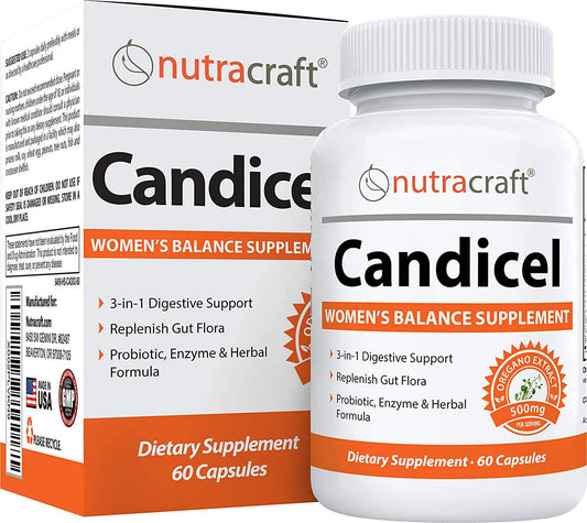 Candicel Intestinal Flora Supplement | Overgrowth Support with Caprylic Acid, Oregano, Wormwood, Black Walnut, Cellulase and Acidophilus for Women’s Balance | Non-GMO | 1-Month Supply