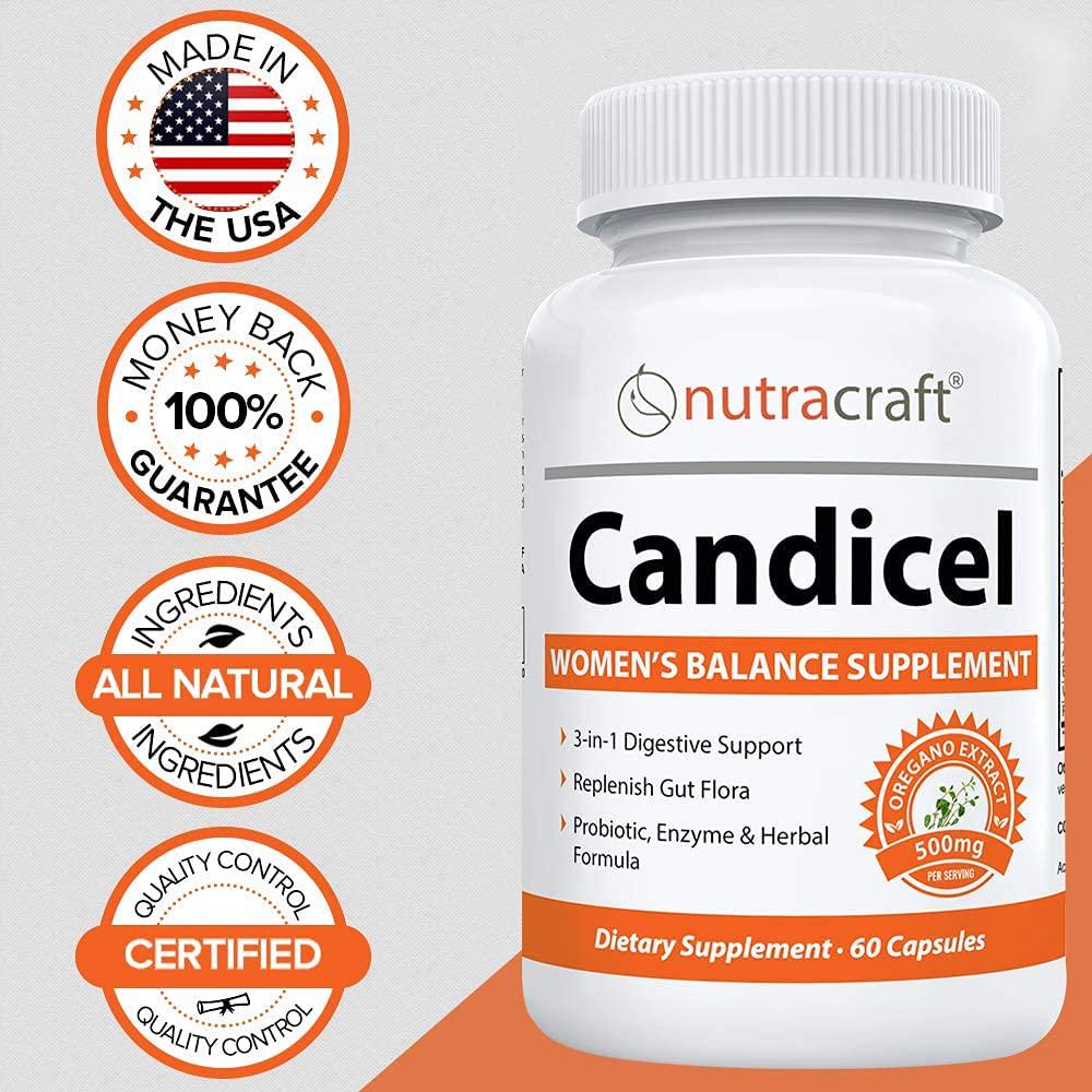 Candicel Intestinal Flora Supplement | Overgrowth Support with Caprylic Acid, Oregano, Wormwood, Black Walnut, Cellulase and Acidophilus for Women’s Balance | Non-GMO | 1-Month Supply