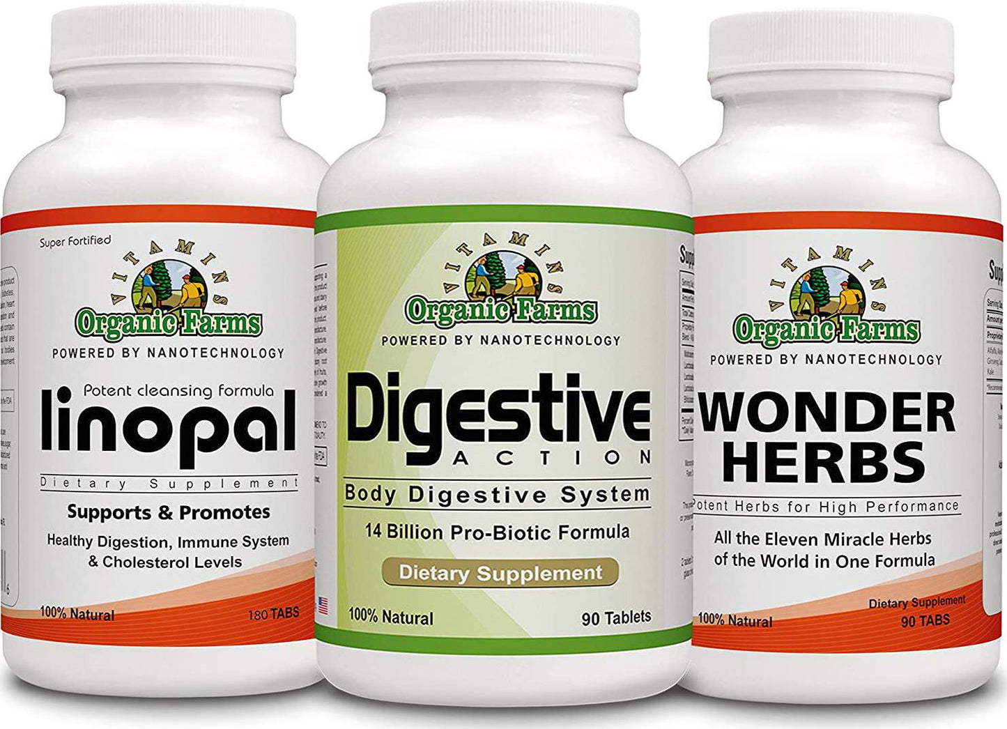 Candida Kit - Linopal 180 Tablets + Wonder Herbs 90 Tablets + Digestive Action 90 Tablets - 100% Natural Dietary Supplements