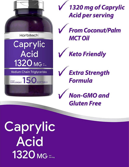 Caprylic Acid 1320 mg | 150 Softgel Capsules | from MCT Oil | Non-GMO, Gluten Free Supplement | by Horbaach