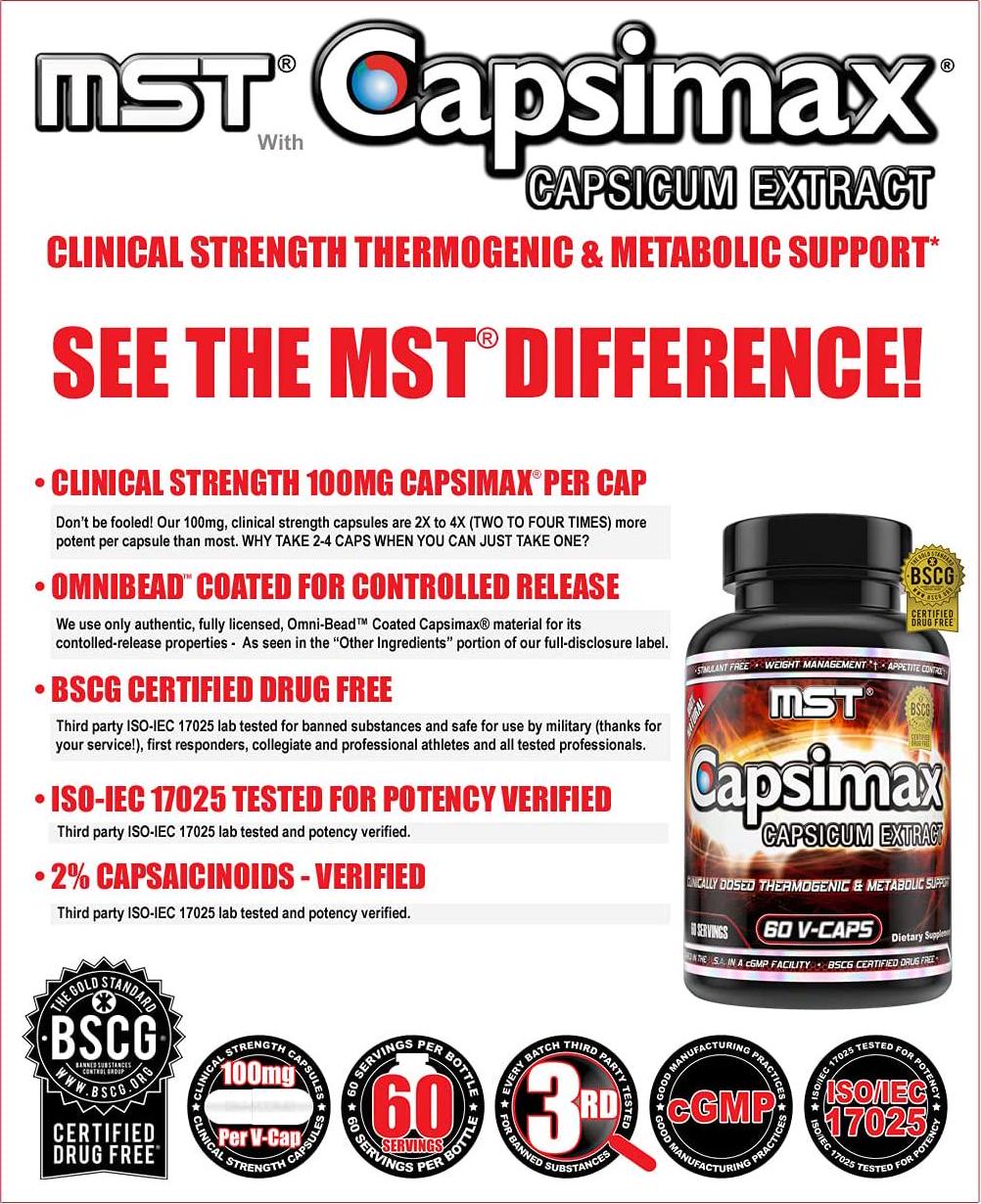 Capsimax Supplement 100mg V Capsules, 60 Servings by MST - Clinically Dosed Weight Management, Thermogenic, Appetite Control, Calorie Burning, Metabolic Health, Stimulant Free. BSCG Certified