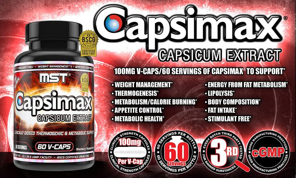 Capsimax Supplement 100mg V Capsules, 60 Servings by MST - Clinically Dosed Weight Management, Thermogenic, Appetite Control, Calorie Burning, Metabolic Health, Stimulant Free. BSCG Certified
