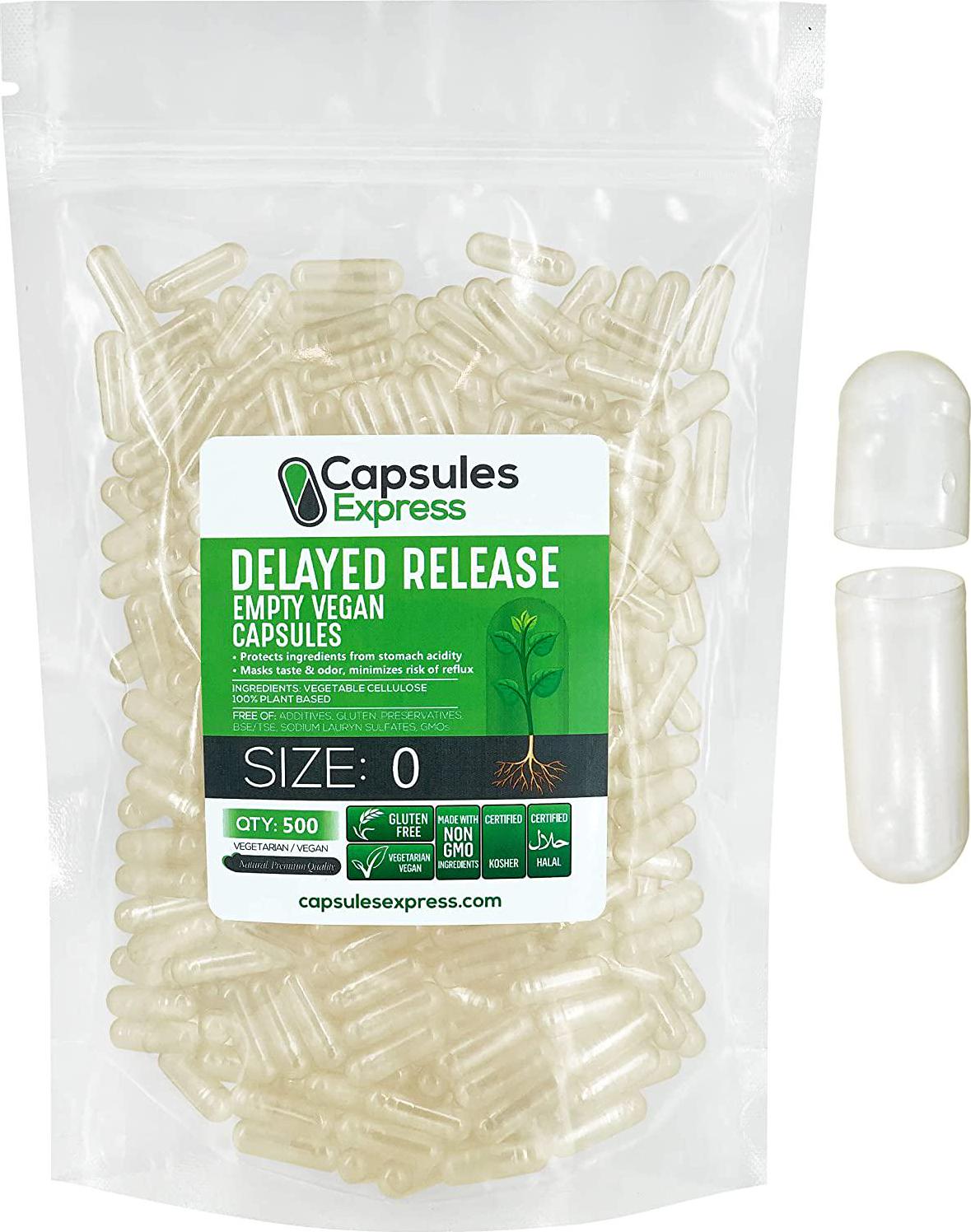 Capsules Express- Delayed Release Size 0 Empty Vegan Capsules Kosher and Halal Certified - Gluten-Free Vegetarian/Vegetable Pill Capsule - DIY Powder Filling (500)