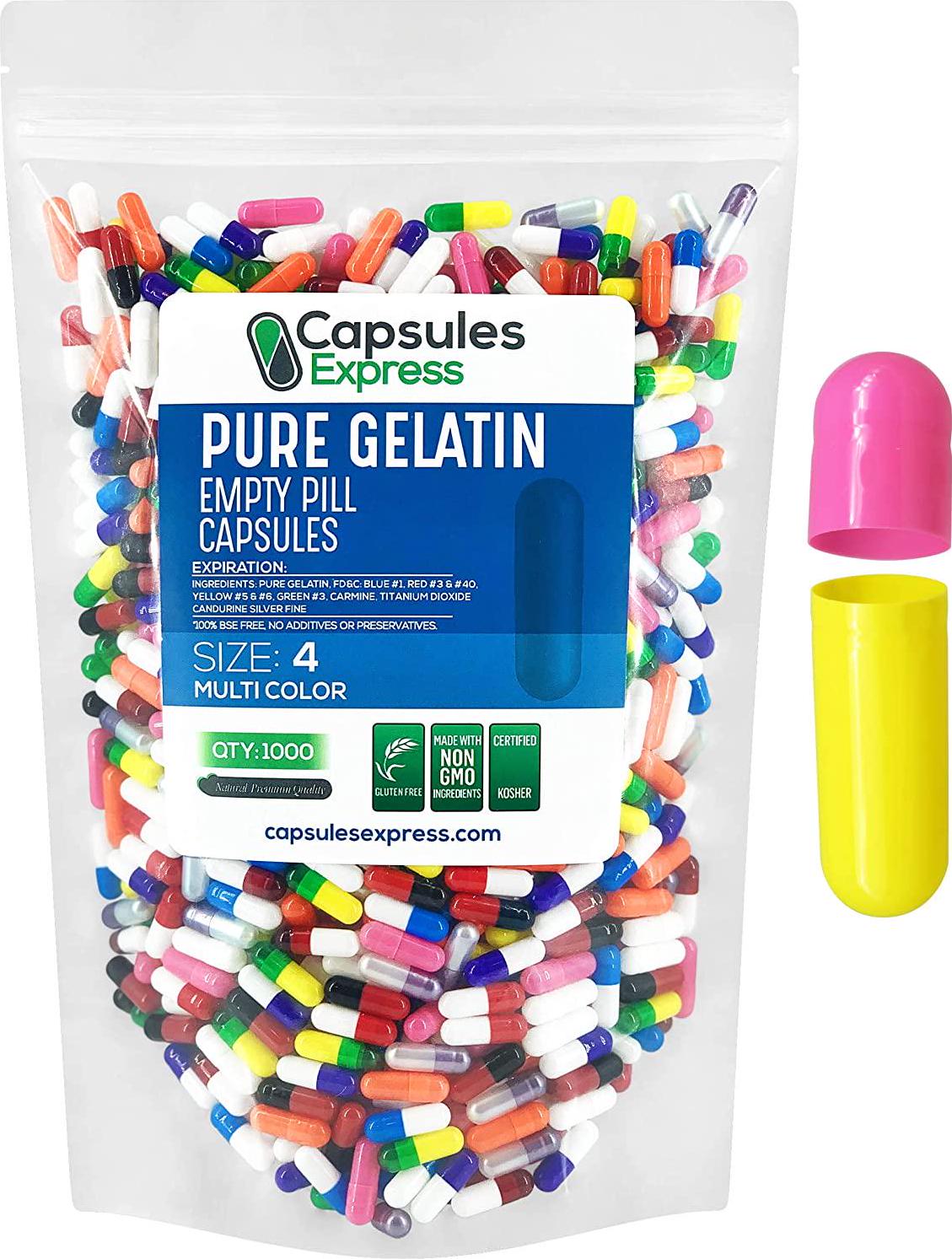 Capsules Express- Size 4 Multi-Colored Empty Gelatin Capsules - Kosher - Pure Gelatin Pill Capsule - DIY Powder Filling (1000)