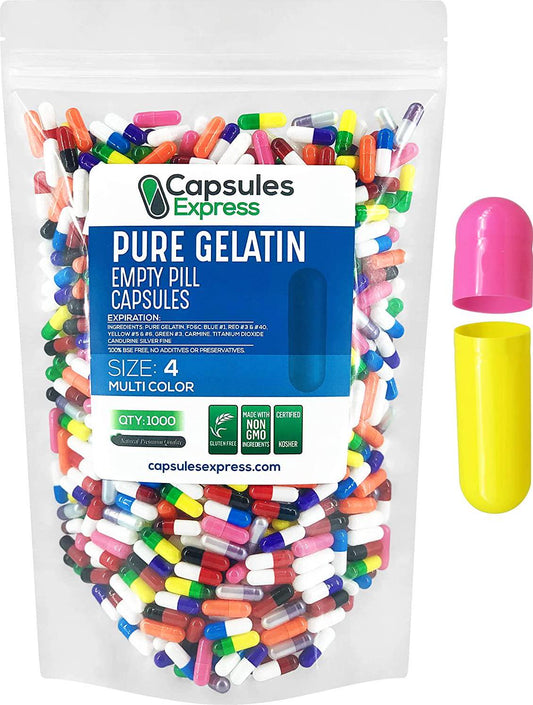 Capsules Express- Size 4 Multi-Colored Empty Gelatin Capsules - Kosher - Pure Gelatin Pill Capsule - DIY Powder Filling (1000)