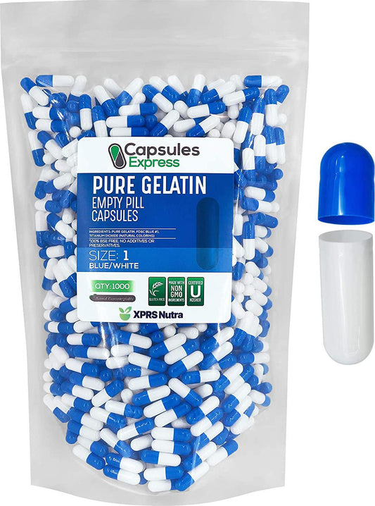 Capsules Express- Size 1 Blue and White Empty Gelatin Capsules - Kosher - Pure Gelatin Pill Capsule - DIY Powder Filling (1000)