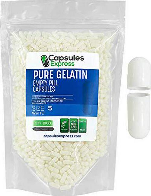 Capsules Express- Size 5 White Empty Gelatin Capsules - Kosher - Pure Gelatin Pill Capsule - DIY Powder Filling (1000)