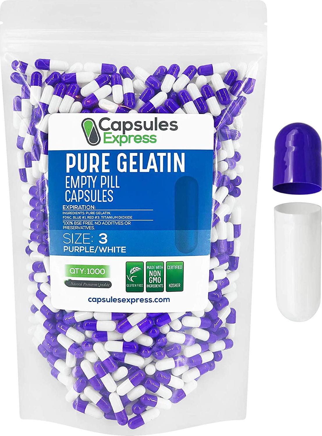 Capsules Express- Size 3 Purple and White Empty Gelatin Capsules- Kosher - Pure Gelatin Pill Capsule - DIY Powder Filling (1000)