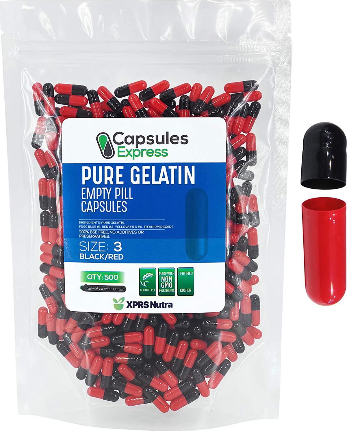 Capsules Express- Size 3 Black and Red Empty Gelatin Capsules- Kosher Certified - Gluten-Free Pure Bovine Gelatin Pill Capsule - DIY Powder Filling (500)