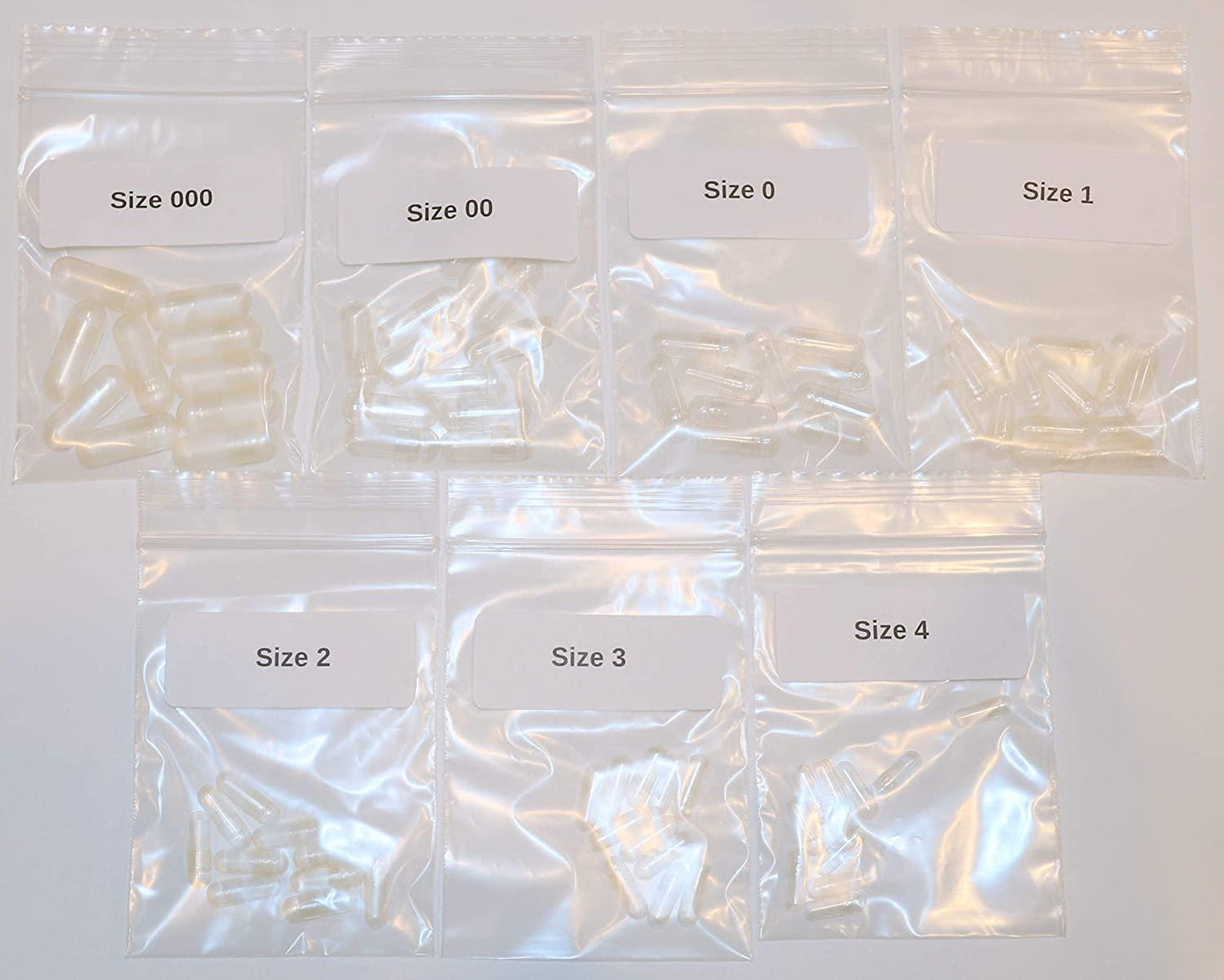 Capsules Express- Size Sample Pack Clear Empty Vegetable Capsules Ten Each of Sizes 000-4 Gluten-Free Vegetarian/Vegetable Pill Capsule - DIY Powder Filling