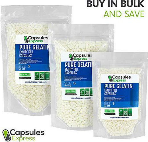 Capsules Express- Size 5 White Empty Gelatin Capsules - Kosher - Pure Gelatin Pill Capsule - DIY Powder Filling (1000)