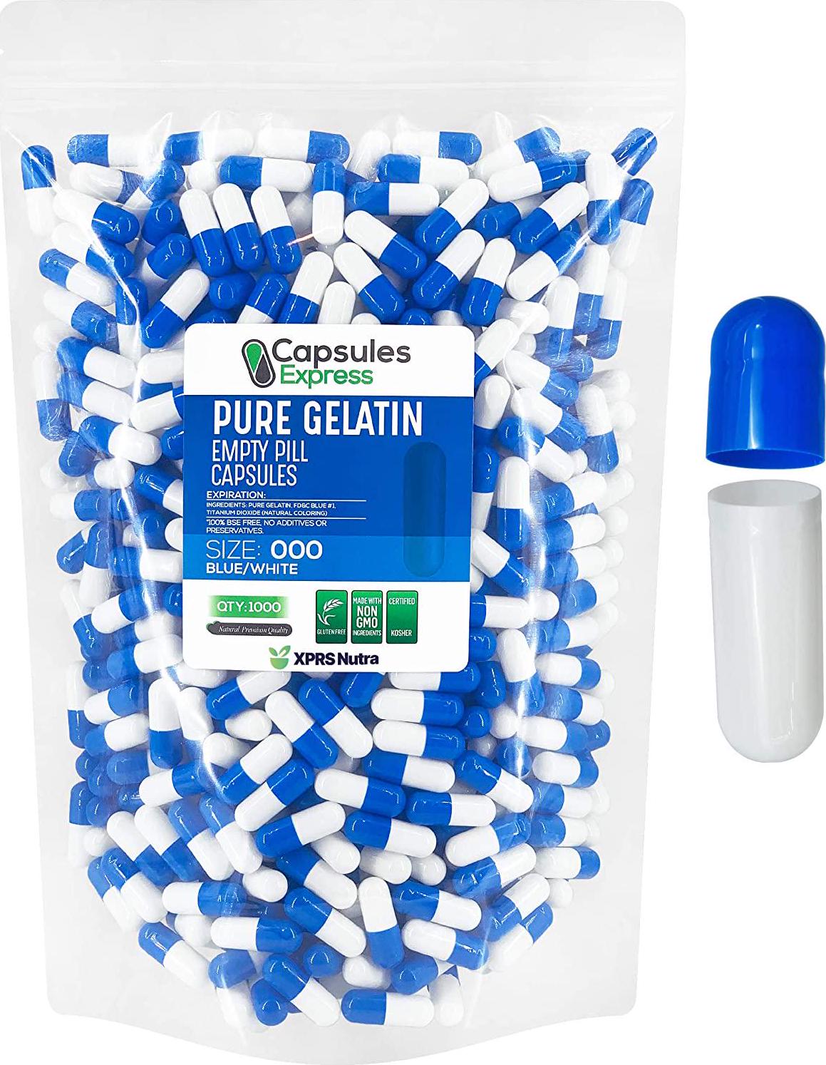 Capsules Express- Size 000 Blue and White Empty Gelatin Capsules - Kosher - Pure Gelatin Pill Capsule - DIY Powder Filling (1000)